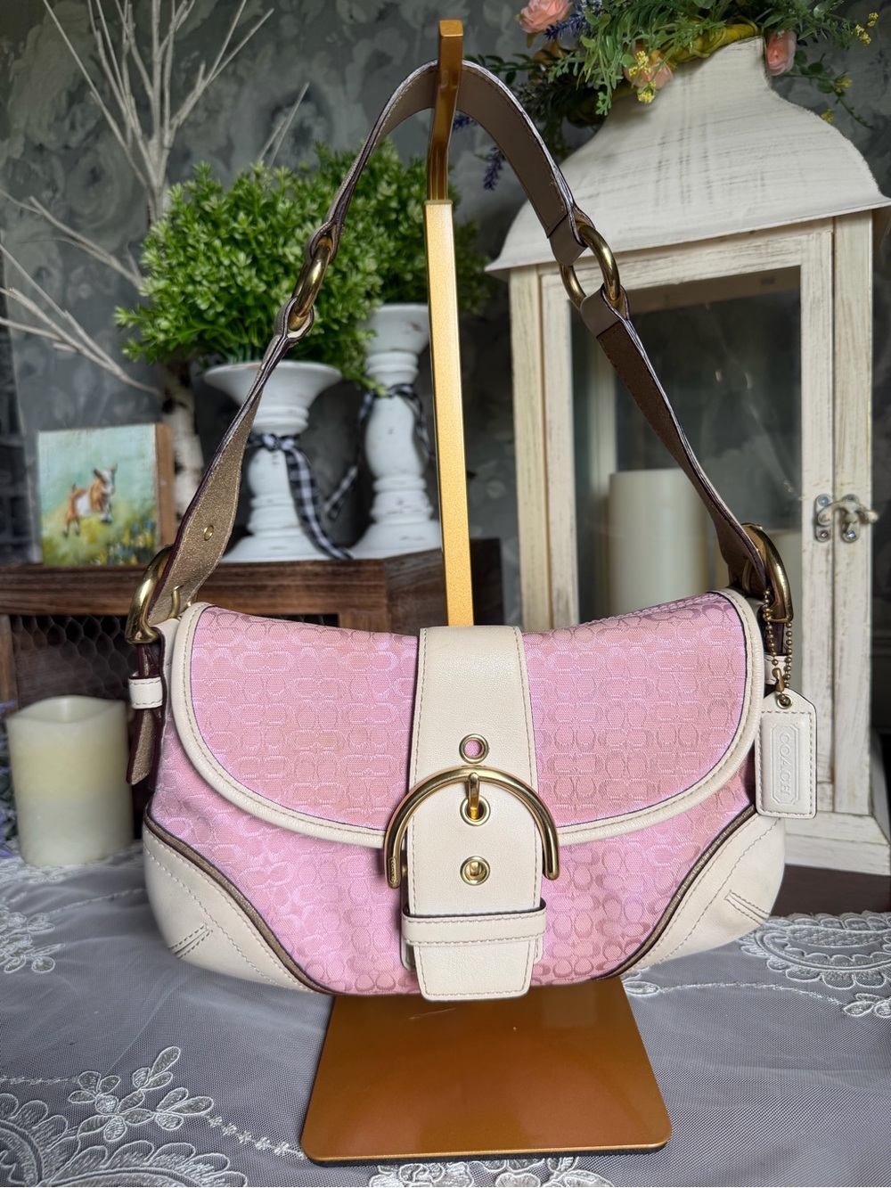 Y2K Coach Pink Signature Soho White Leather Shoulder Bag Purse